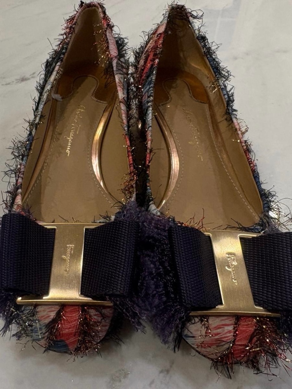 Salvatore Ferragamo Multicolor Tweed Flats with Navy Bow & Gold Plaque